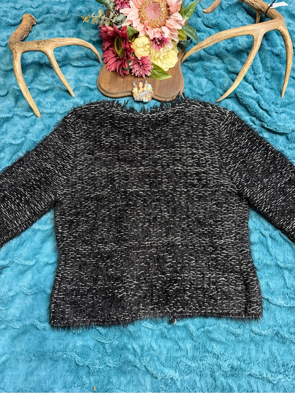 1.STATE Women’s Large Black White Marled Fuzzy Open Front Wool Blend Cardigan - Picture 6 of 6